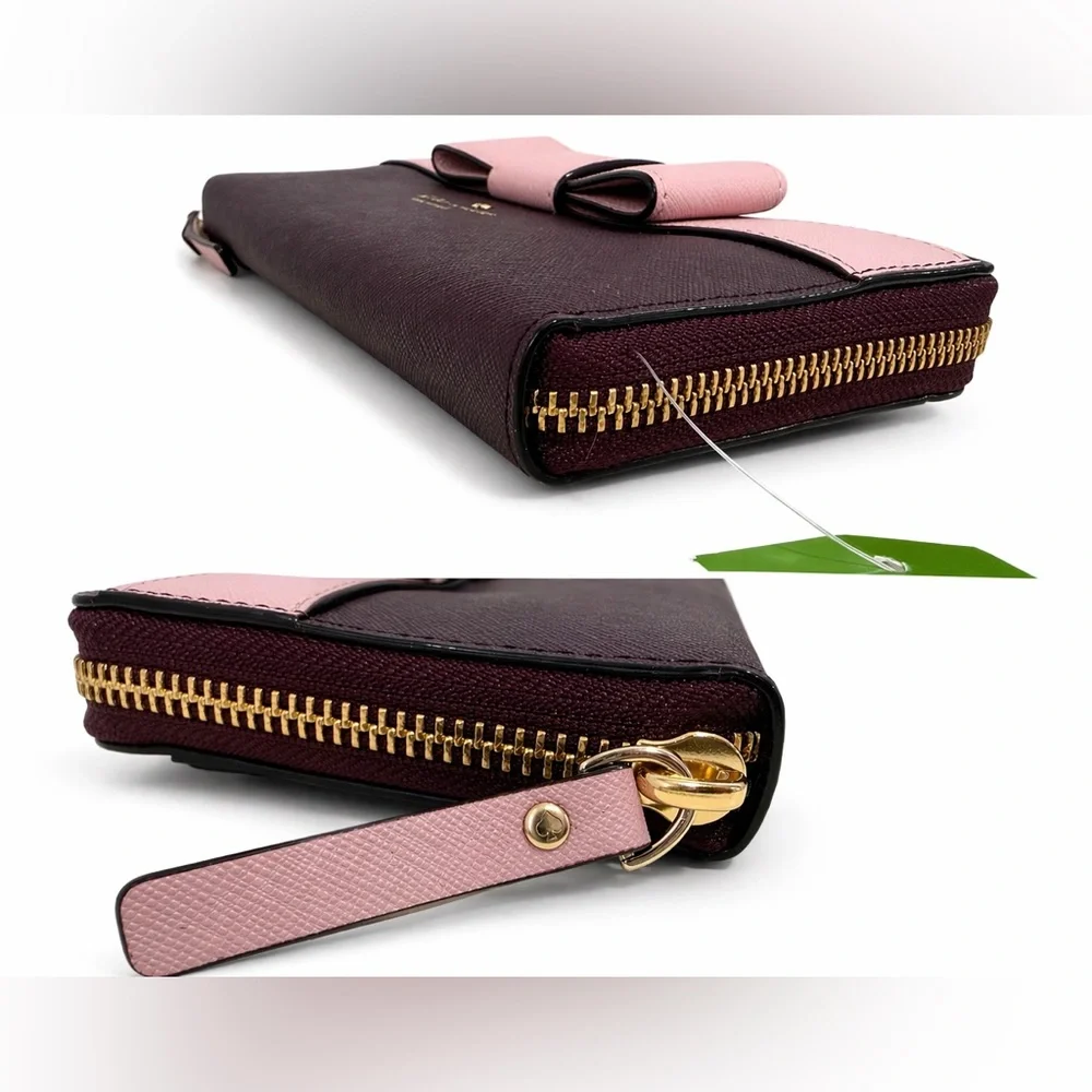 Kate Spade Bow Zip Around Leather Long Wallet Burgundy Pink Wristlet Clutch NWT